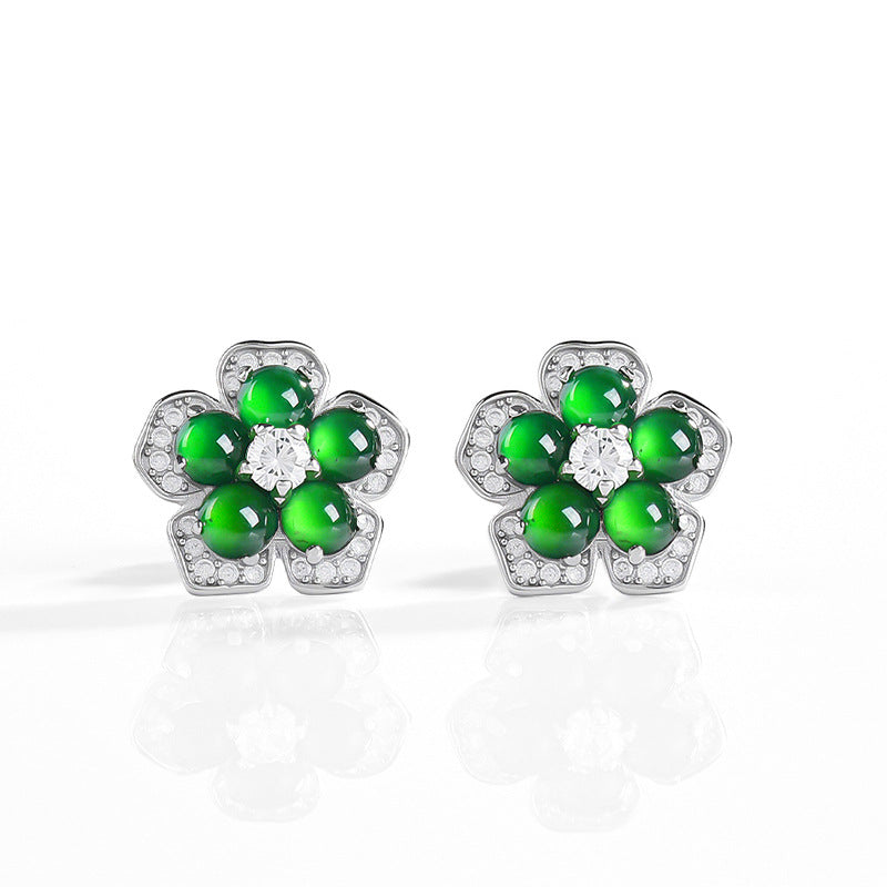 Natural Jade Earrings Silver Flower Jadeite Earrings