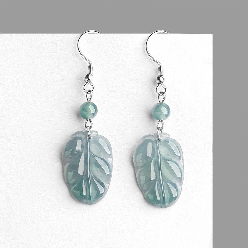 Natural Jade Earrings Silver Leaf Jadeite Earrings