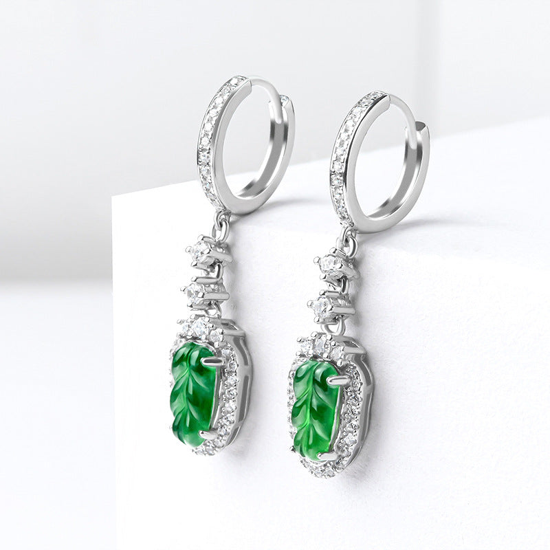 Natural Jade Earrings Silver Leaf Jadeite Earrings