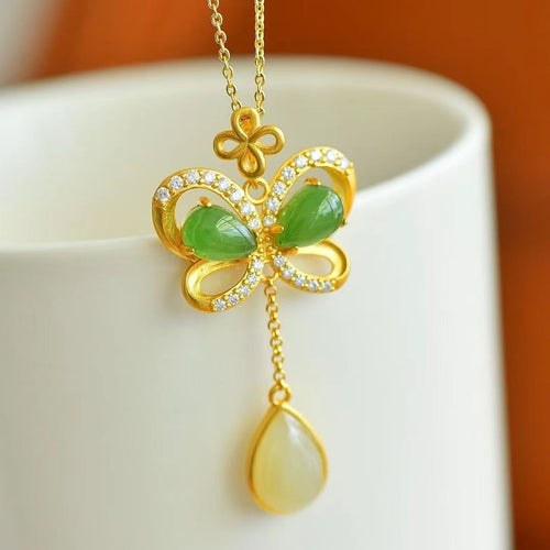 Natural Jade Pendant Nephrite Silver Butterfly Pendant