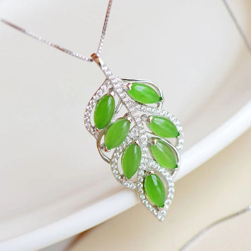 Natural Jade Pendant Nephrite Silver Leaf Pendant