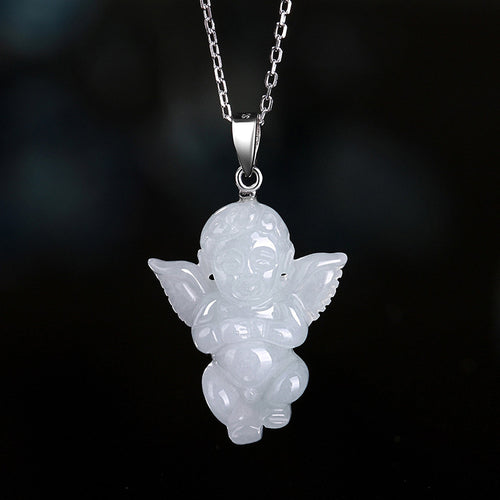 Natural Jade Pendant Silver Angel Jadeite Pendant