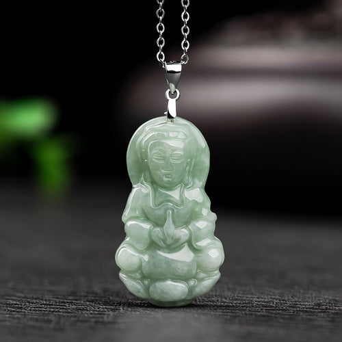 Natural Jade Pendant Silver Guanyin Jadeite Pendant