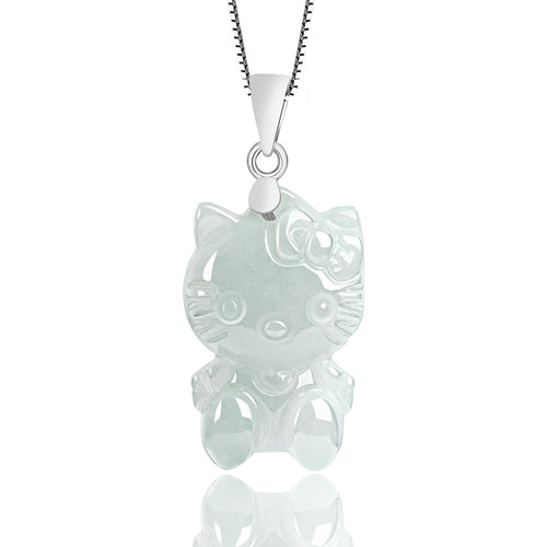 Natural Jade Pendant Silver Kitty Jadeite Pendant