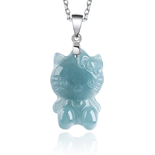 Natural Jade Pendant Silver Kitty Jadeite Pendant