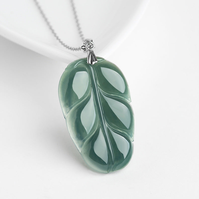 Natural Jade Pendant Silver Leaf Jadeite Pendant