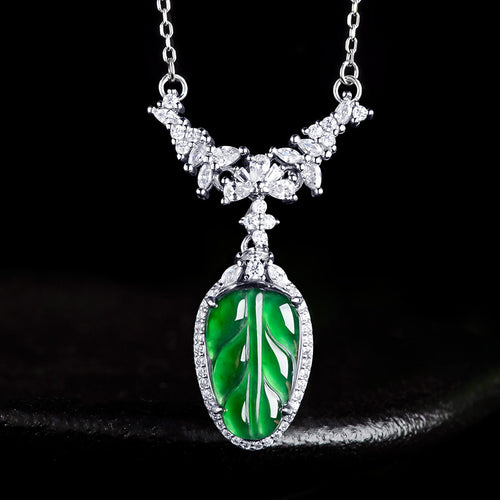 Natural Jade Pendant Silver Leaf Jadeite Pendant