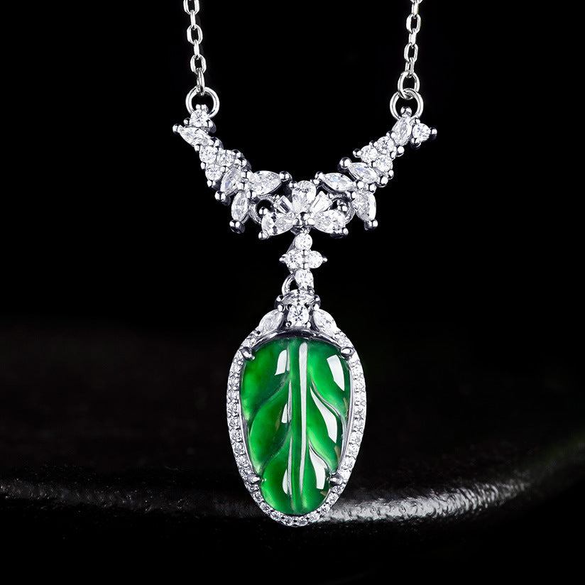 Natural Jade Pendant Silver Leaf Jadeite Pendant