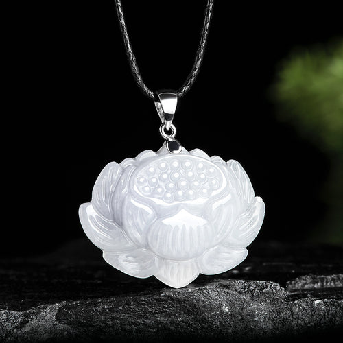 Natural Jade Pendant Silver Lotus Jadeite Pendant