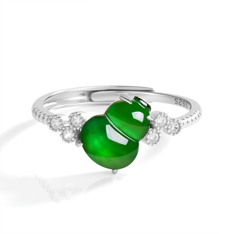 Natural Jade Ring Adjustable Hulu Silver Jadeite Ring