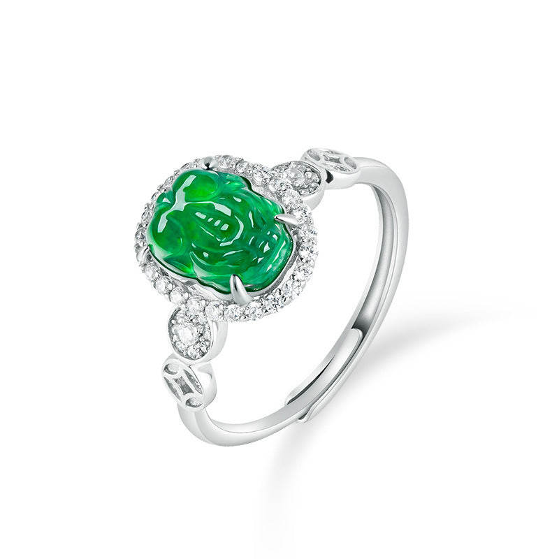Natural Jade Ring Adjustable Pixiu Silver Jadeite Ring