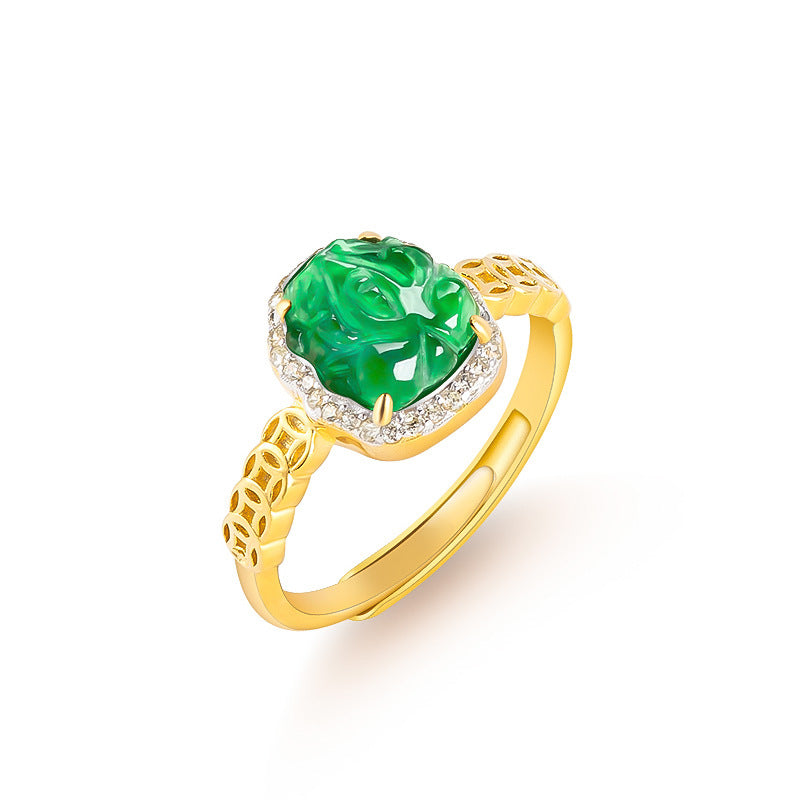 Natural Jade Ring Adjustable Pixiu Silver Jadeite Ring