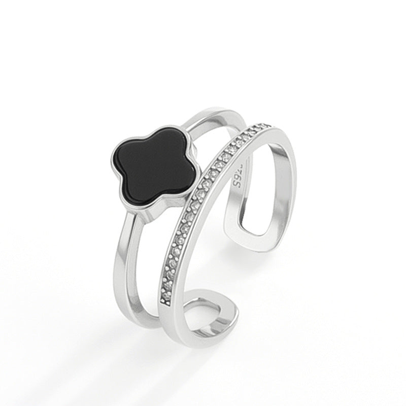 Natural Jade Ring Adjustable Silver Flower Jadeite Ring