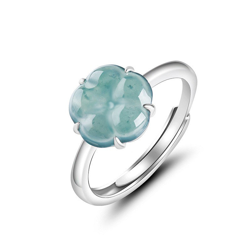 Natural Jade Ring Adjustable Silver Flower Jadeite Ring