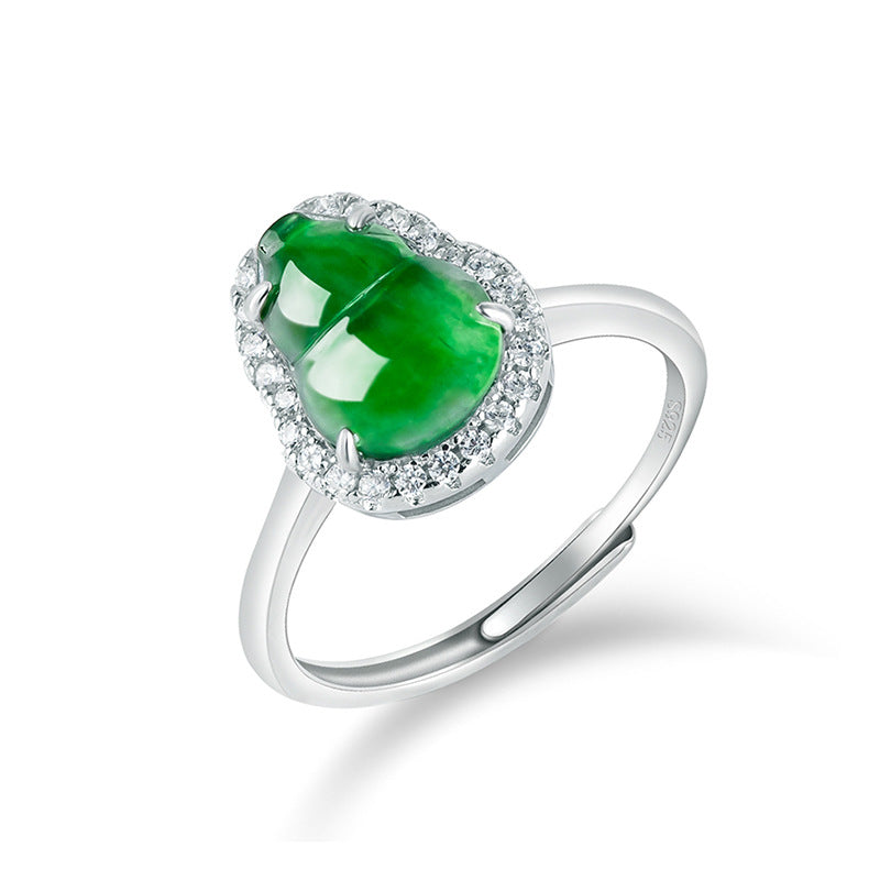 Natural Jade Ring Adjustable Silver Hulu Jadeite Ring