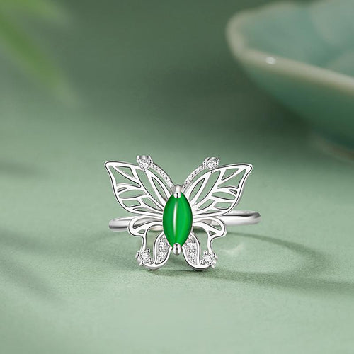 Natural Jade Ring Jadeite Silver Butterfly Adjustable Ring