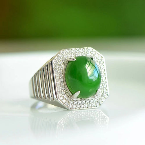 Natural Jade Ring Nephrite Silver Adjustable Ring