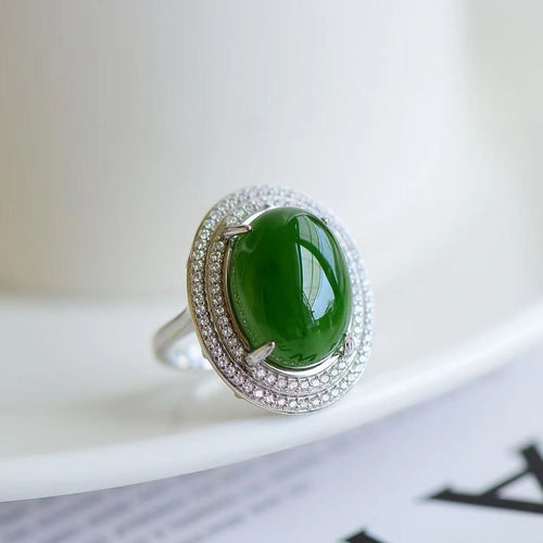 Natural Jade Ring Nephrite Silver Adjustable Ring