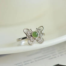 Natural Jade Ring Nephrite Silver Butterfly Adjustable Ring TURG336