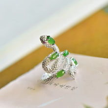 Natural Jade Ring Nephrite Silver Adjustable Snake Ring