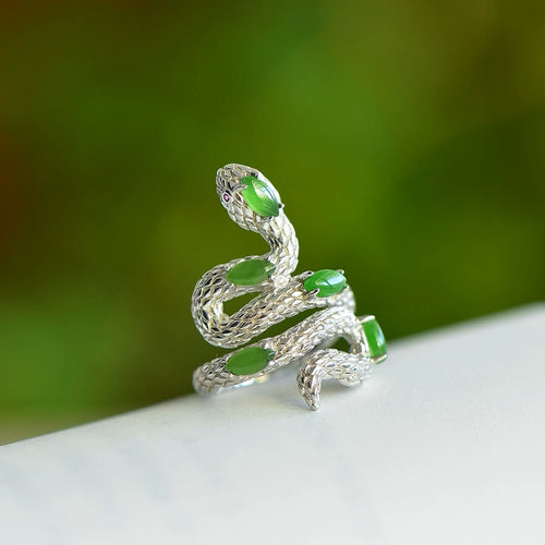 Natural Jade Ring Nephrite Silver Adjustable Snake Ring