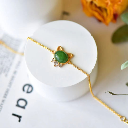 Natural Jade Bracelet Nephrite Silver Cat Kitty Bracelet