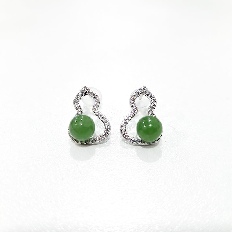 【Pine-Moon Hulu】Natural Jade Earrings Nephrite Silver Earrings