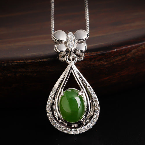 Natural Jade Pendant Nephrite Silver Zircon Pendant