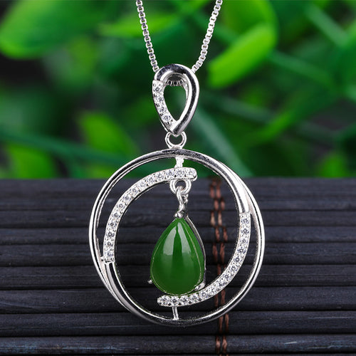 Natural Jade Pendant Nephrite Silver Zircon Pendant