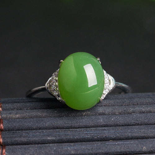Natural Jade Ring Nephrite Silver Zircon Adjustable Ring