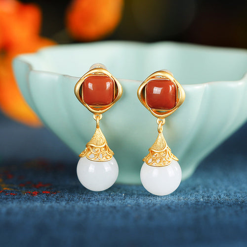 Natural Jade Earrings Nephrite Agate Silver Earrings