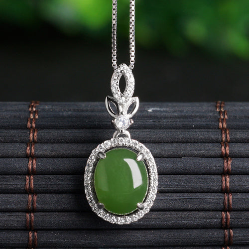 Natural Jade Pendant Nephrite Silver Zircon Pendant