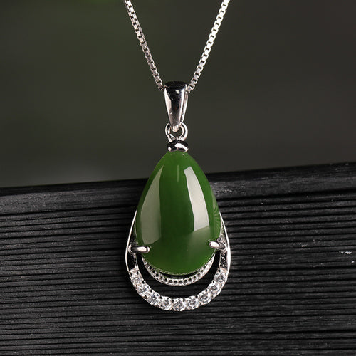 Natural Jade Pendant Nephrite Silver Zircon Pendant