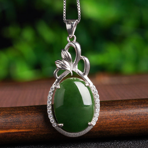 Natural Jade Pendant Nephrite Silver Zircon Pendant