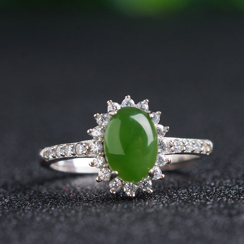 Natural Jade Ring Nephrite Silver Zircon Adjustable Ring