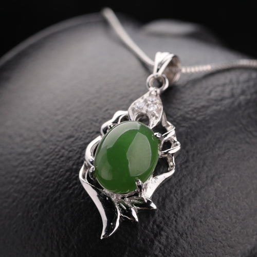 Natural Jade Pendant Nephrite Silver Zircon Pendant