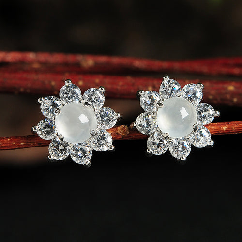 Natural jade earrings jadeite silver flower earrings