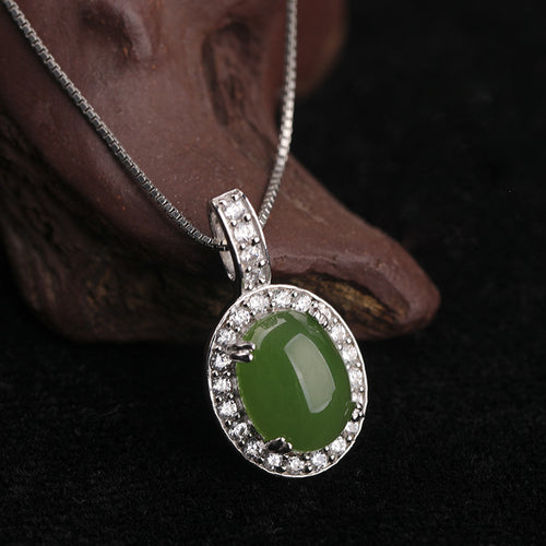 Natural Jade Pendant Nephrite Silver Zircon Pendant