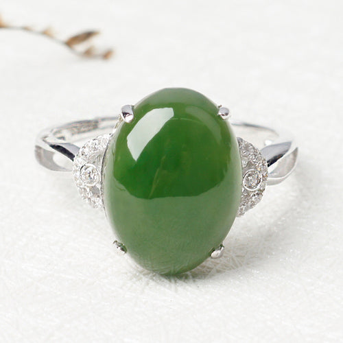 Natural Jade Ring Nephrite Silver Zircon Adjustable Ring