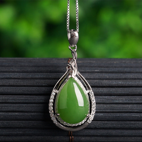 Natural Jade Pendant Nephrite Silver Zircon Pendant