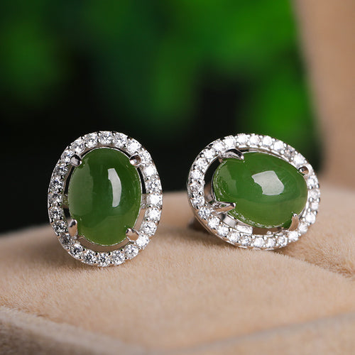 Natural Jade Earrings Nephrite Silver Zircon Earrings