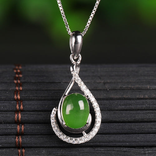 Natural Jade Pendant Nephrite Silver Zircon Pendant