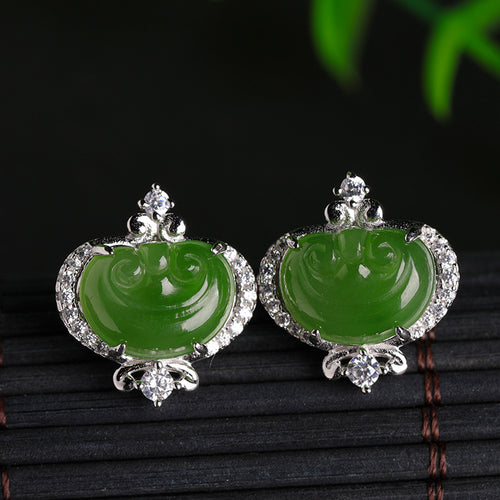 Natural Jade Earrings Nephrite Silver Zircon Ruyi Earrings