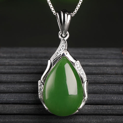 Natural Jade Pendant Nephrite Silver Zircon Pendant