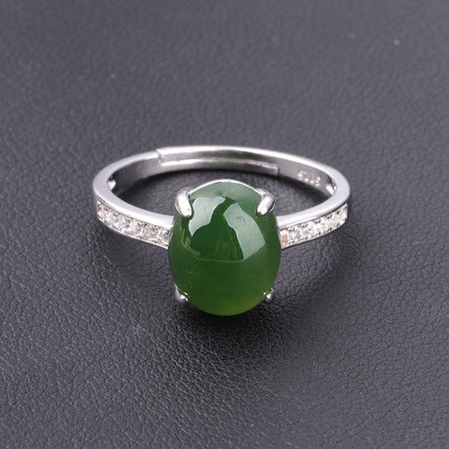 Natural Jade Ring Nephrite Silver Zircon Adjustable Ring ZNRG126