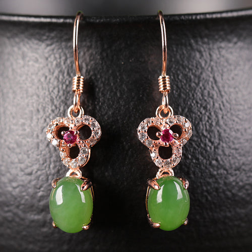 Natural Jade Earrings Nephrite Silver Zircon Earrings