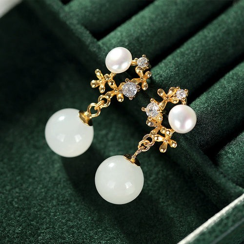 Natural Jade Earrings Nephrite Pearl Silver Earrings
