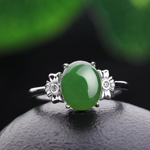 Natural Jade Ring Nephrite Silver Adjustable Ring