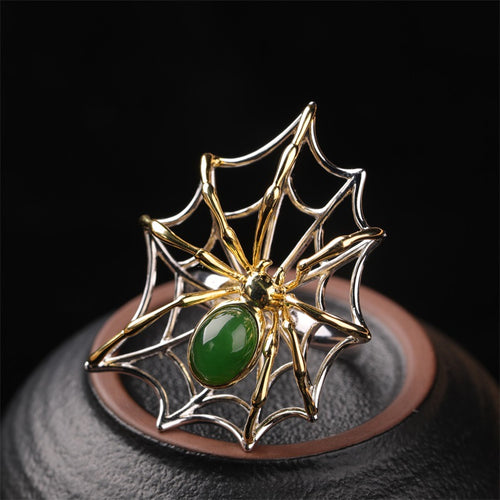 Natural Jade Ring Nephrite Silver Spider Adjustable Ring