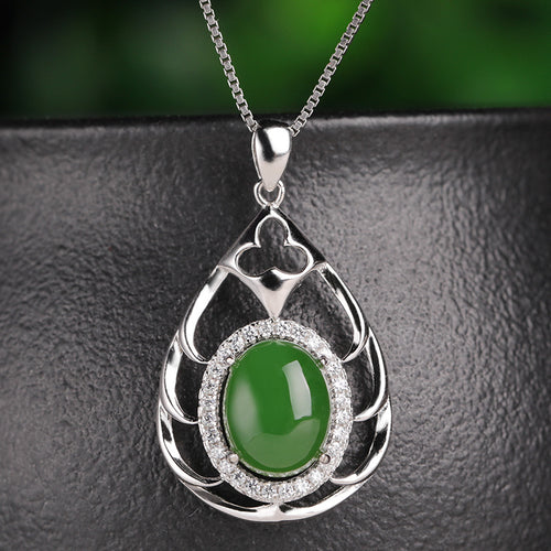 Natural Jade Pendant Nephrite Silver Zircon Pendant